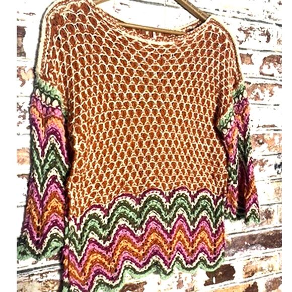 Free People Heatwave Oversized Pullover Cotton Knit Crochet Colorful Sweater - Picture 6 of 13